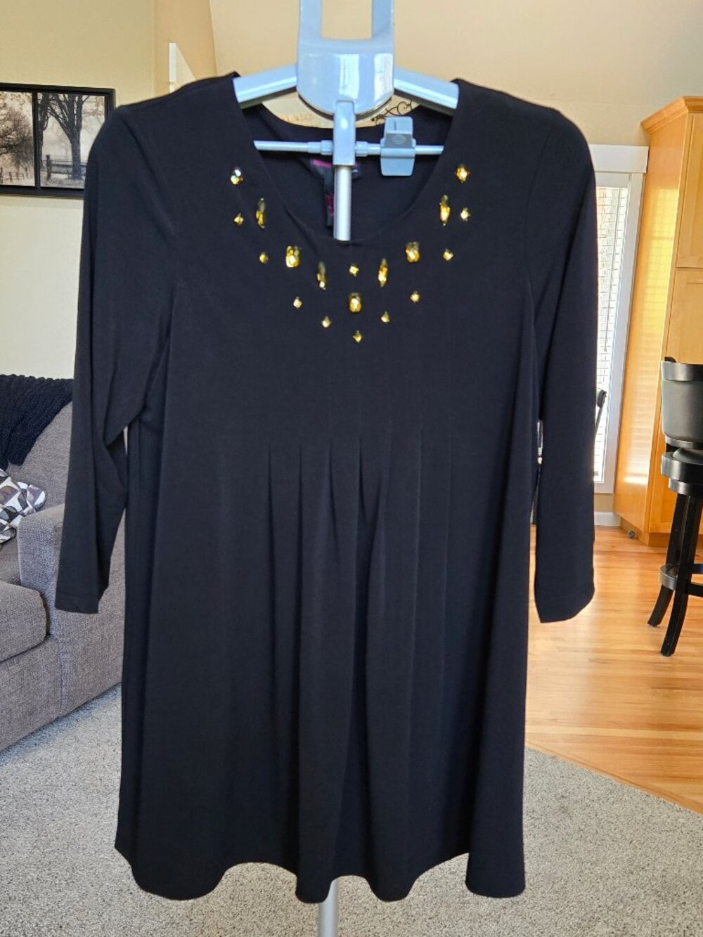 NWT QVC Never Enough by Iris Simms sz Large beaded neckline black tunic top